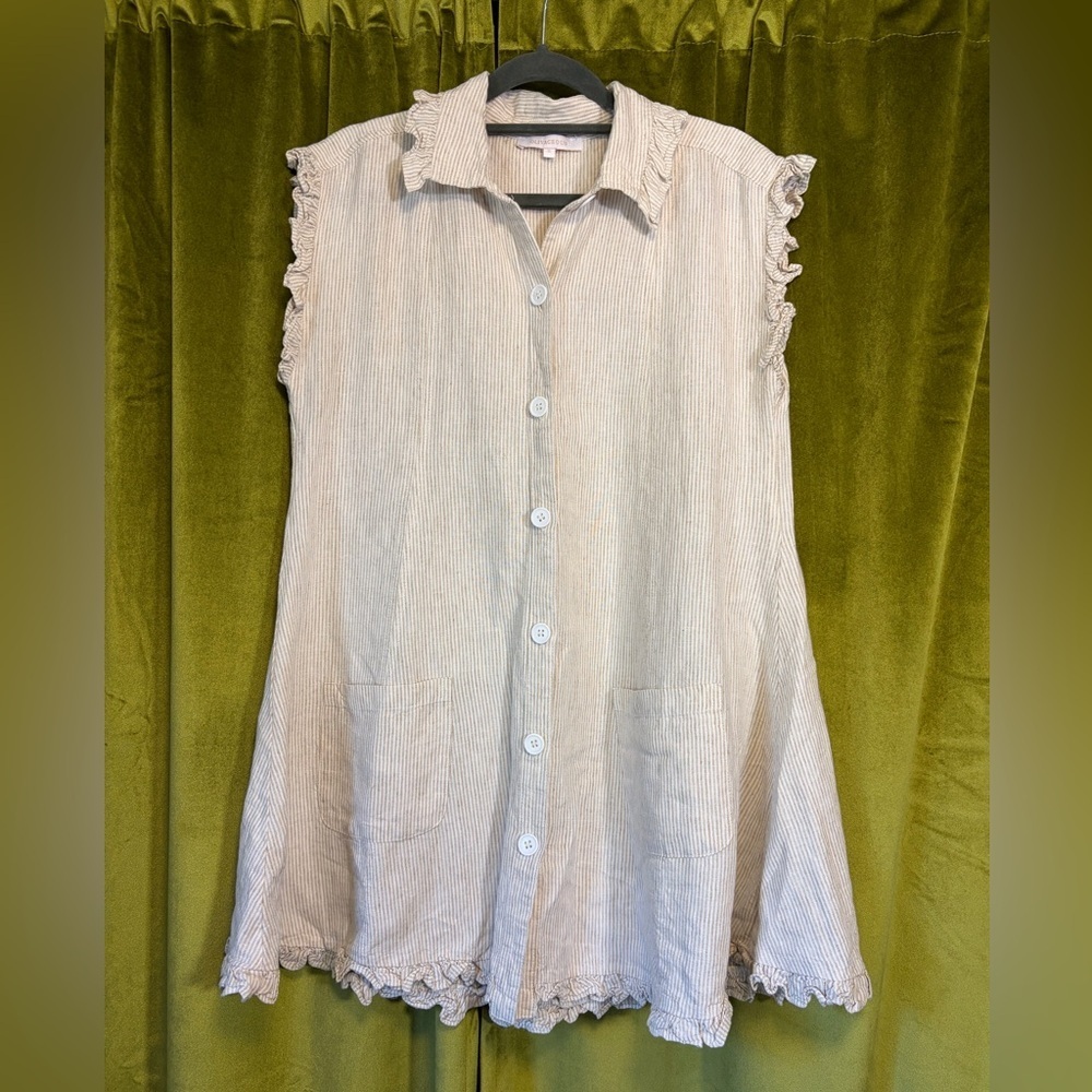Olivaceous Linen Stripe Ruffle Mini dress in Tan & White. Size Small. Size $68